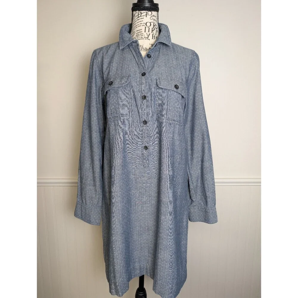 J.Crew Chambray Polkadot Shirt Dress Size S Blue Cotton Roll Tab Long Sleeve